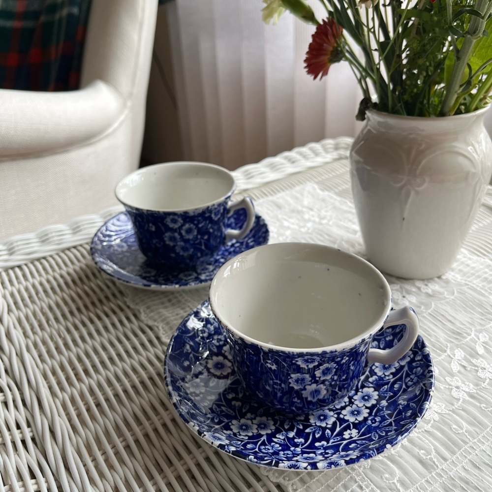 Set of Two ~ Crownford China Blue Calico Staffordshire Tea Cups with Saucers